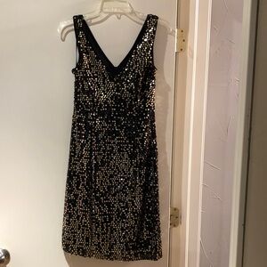 AB Studio Black and Gold Sequin V-Neck Dress